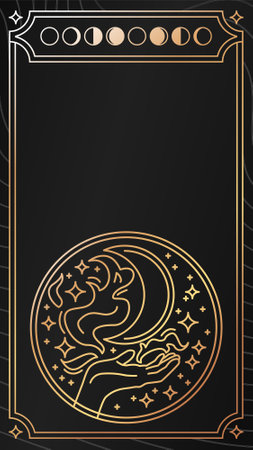 Black and gold magical tarot cards story template. Mystical occult illustrations, bohemian spiritual astrology templates witch vector illustration collection.のイラスト素材