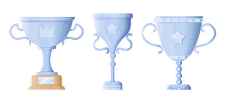 Collection of silver and blue trophies with unique star and crown details.のイラスト素材
