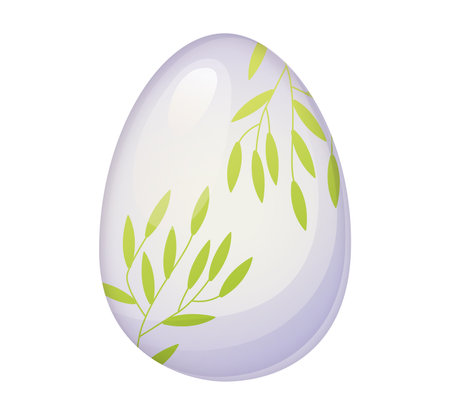 Vector illustration of a glossy white Easter egg decorated with a delicate green leaf pattern. The design has a fresh, nature-inspired aesthetic, perfect for eco-friendly themes, spring decorations, botanical illustrations, greeting cards, and minimalist festive designs. The soft gradients and smooth reflections add a modern and elegant touch.のイラスト素材