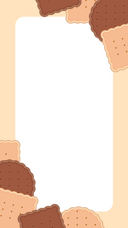 Vertical border of chocolate and vanilla biscuits with central white space for text or design. Stock vector illustration in flat style.のイラスト素材