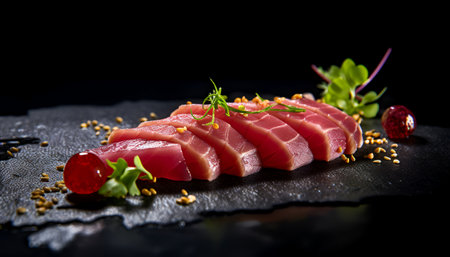 Tuna sashimi on a black background. Toned.の写真素材