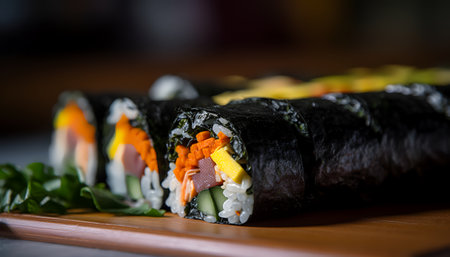 Gimbap, also romanized as kimbap, is a Korean dish made from cooked rice, vegetables, fish, and meat rolled in gim dried sheets of seaweed and served in biteの写真素材