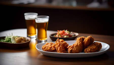 Fried chicken wings and a glass of beer on a wooden tableの写真素材