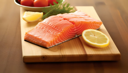 salmon filet with lemon and dill on wooden cutting boardの写真素材