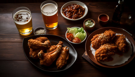 fried chicken wings with beer and vegetables on wooden table, top viewの写真素材
