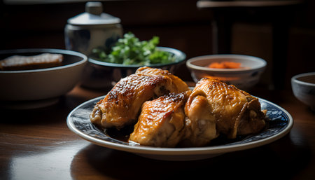 Grilled chicken with sauce on wooden background. Selective focus.の写真素材