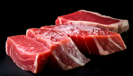 Slices of fresh raw beef meat on a black background.の写真素材