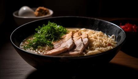 japanese ramen noodle soup with red roast duck in black bowlの写真素材