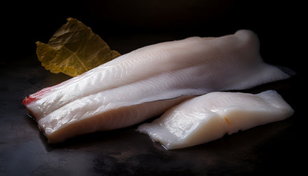 Raw white fish fillet on a black background. Toned.の写真素材