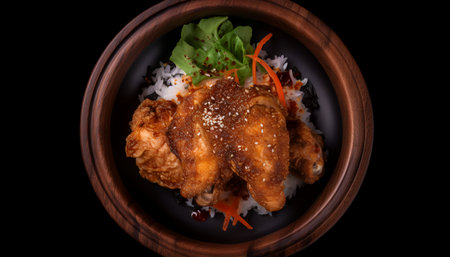Fried chicken with rice in a wooden bowl on a black backgroundの素材