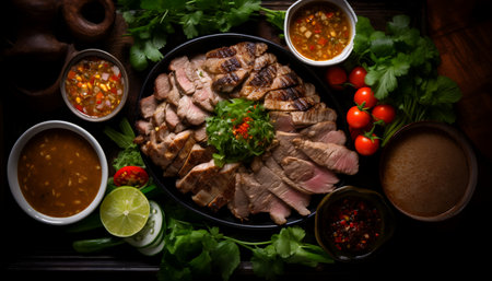 Slices of beef meat with herbs and chili sauce on wooden backgroundの写真素材