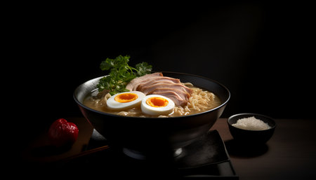 japanese ramen noodle with pork and egg on black backgroundの素材