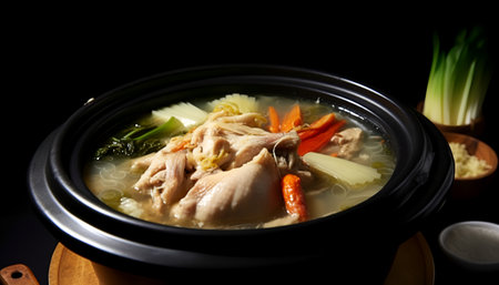 Chicken noodle soup in black pot on black background, stock photoの素材