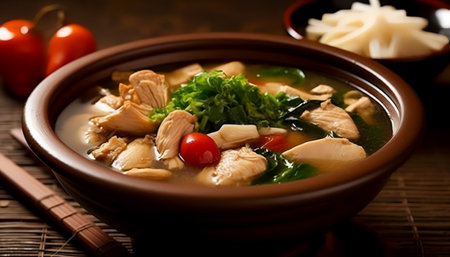Chicken soup in a clay bowl on a wooden table. Asian cuisineの写真素材