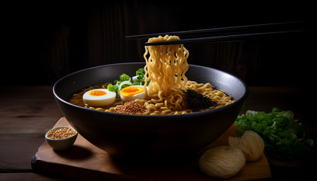 japanese ramen noodle with egg and vegetables on wooden backgroundの写真素材