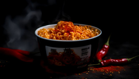 Instant noodles in a bowl with hot chili pepper on black background.の素材