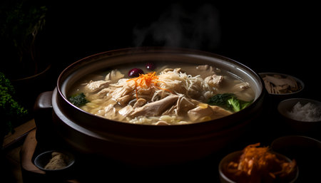 Chicken noodle soup in clay pot on dark background, Thai foodの写真素材