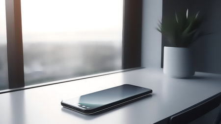 Smartphone with blank screen on table in office. 3d renderingの素材