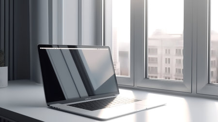 Laptop with blank screen standing on windowsill. Mock up, 3D Renderingの素材