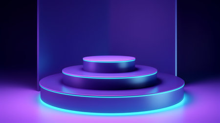 Blue podium illuminated by neon light, 3d rendering. Computer digital drawing.の素材