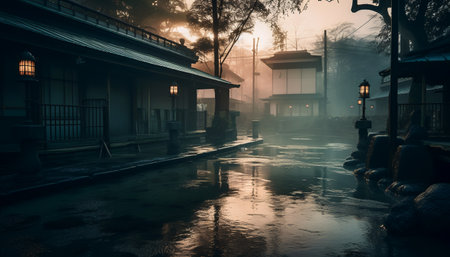 Foggy morning in the old town of Kyoto, Japan.の素材