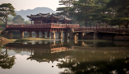 Beautiful Chinese garden with a bridge and reflection in the lake.の素材