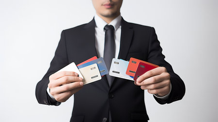 Businessman holding credit cards. Isolated on a white background.の写真素材