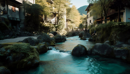 Beautiful view of a river flowing through a small village in the mountainsの素材