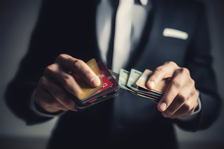 Businessman hand holding credit card and money in his wallet, closeupの写真素材