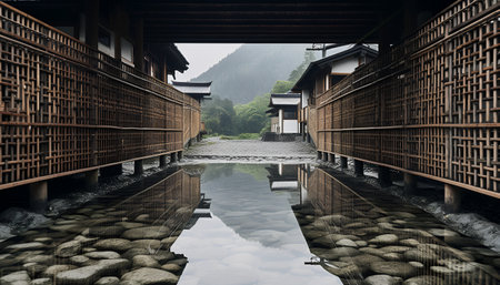 Traditional Japanese wooden houses in the middle of a lake with reflection.