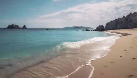 Panoramic view of the sandy beach and rocks in the sea