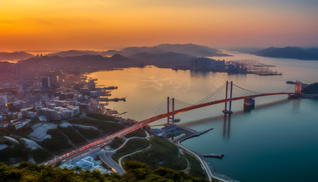 Aerial view of Tsing Ma Bridge at sunset, Hong Kongの素材