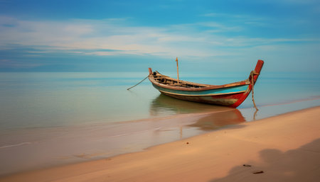 Fishing boat on the beach at sunset, Koh Lanta, Thailandの写真素材