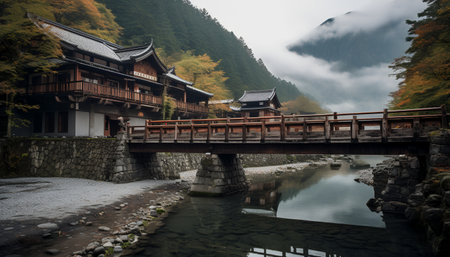 Wooden bridge over the lake in Kawaguchiko, Japan.の写真素材
