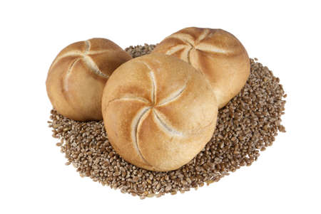 fresh roll on wheat's grain isolated on white backgroundの写真素材