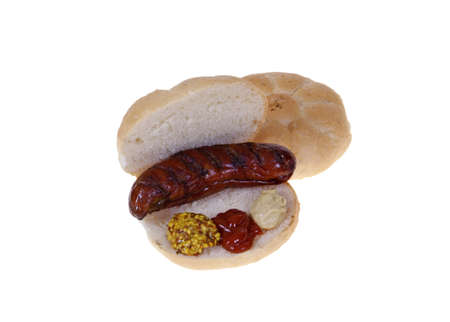 fried sausage on roll isolated on white backgroundの写真素材