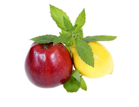 fruits with mint isolated on white backgroundの写真素材