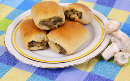 yeast-cake with champignons made as backgroundの写真素材