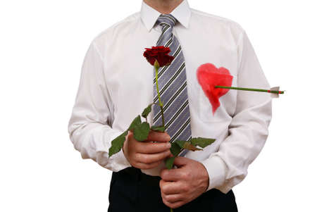 man with arrow in heart isolated on white backgroundの写真素材