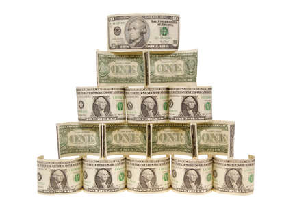 pyramid made of notes isolated on white backgroundの写真素材