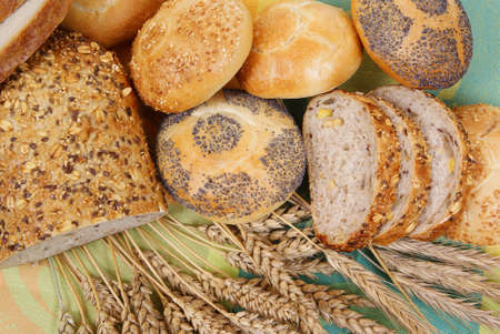 variable types of bread and rolls as background