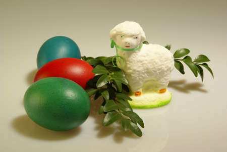 elements of easter decoration on grey backgroundの写真素材