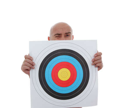 bald man with target on white background