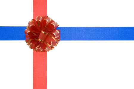 red bow on blue and red ribbonの写真素材