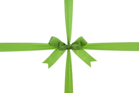 green ribbon with green bow on giftの写真素材