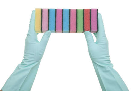 cleaning products and gloves on white background