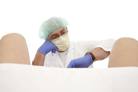 obstetrician in expectation on childbirth on white backgroundの写真素材
