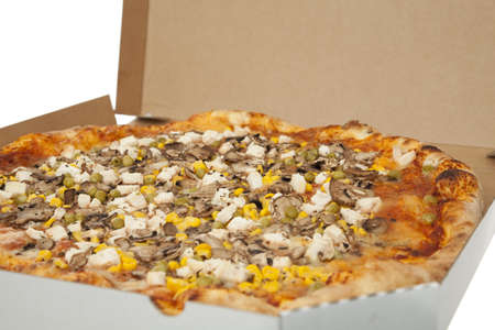 huge pizza in box takeaway on white backgroundの写真素材