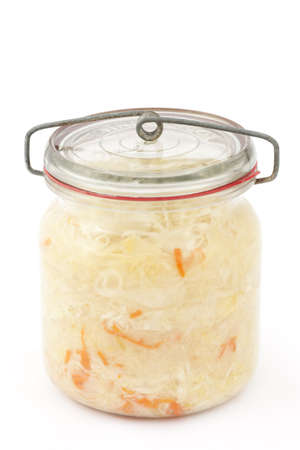 white sauerkraut in jar on white backgroundの写真素材