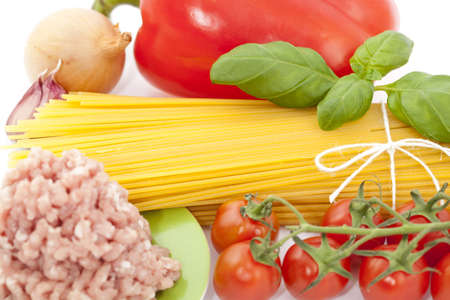 dry spaghetti, various vegetable and meatの写真素材